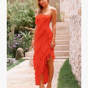Strapless Ruffled Orange Maxi Dress